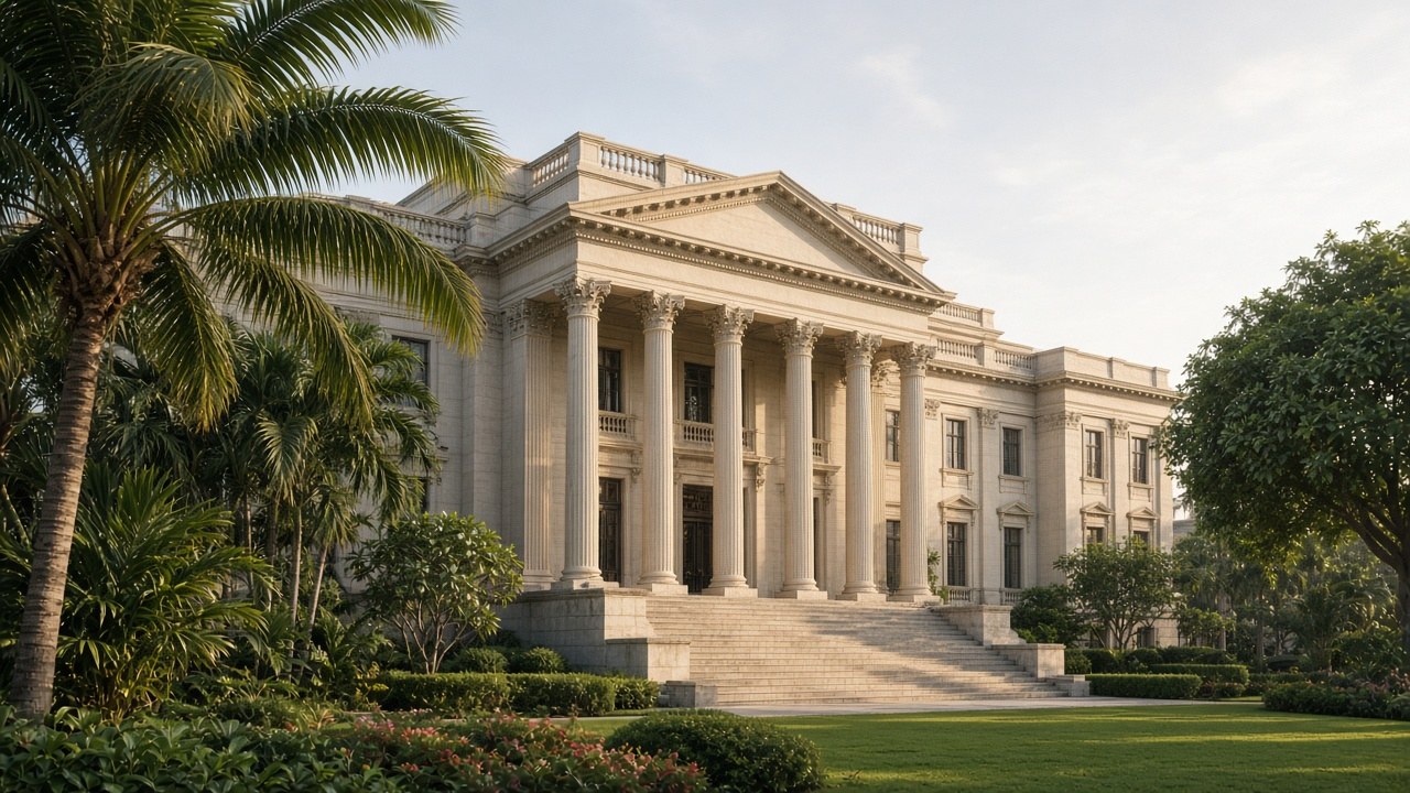 AI-generated illustration of a stately government building exterior in hopeful morning light