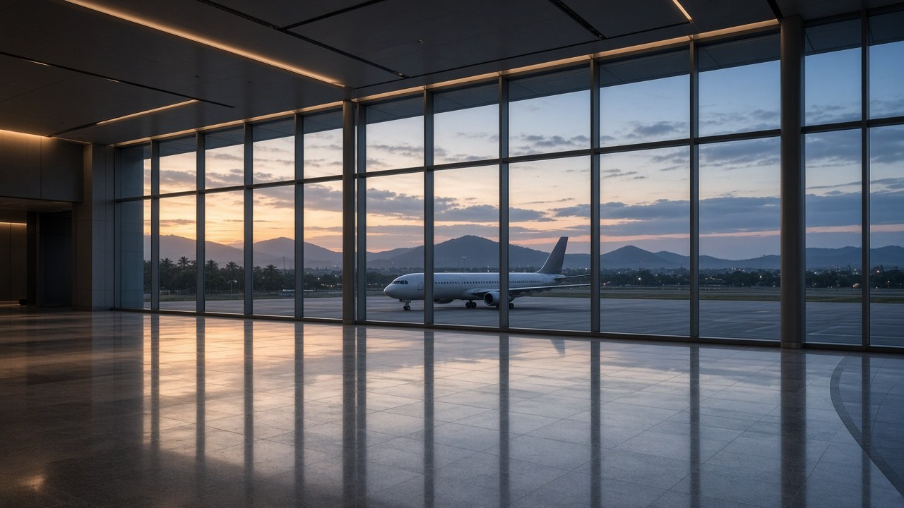 AI-generated illustration of an empty airport arrivals hall at dusk with planes visible through tall windows