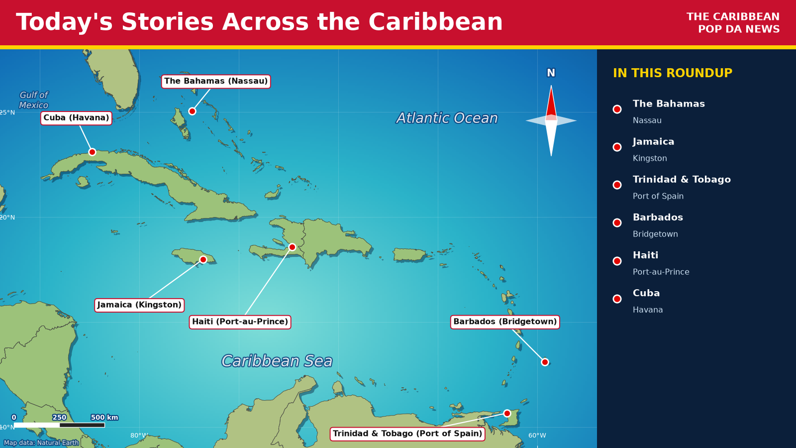 Map of the Caribbean highlighting The Bahamas, Cuba, Jamaica, Haiti, Barbados and Trinidad and Tobago