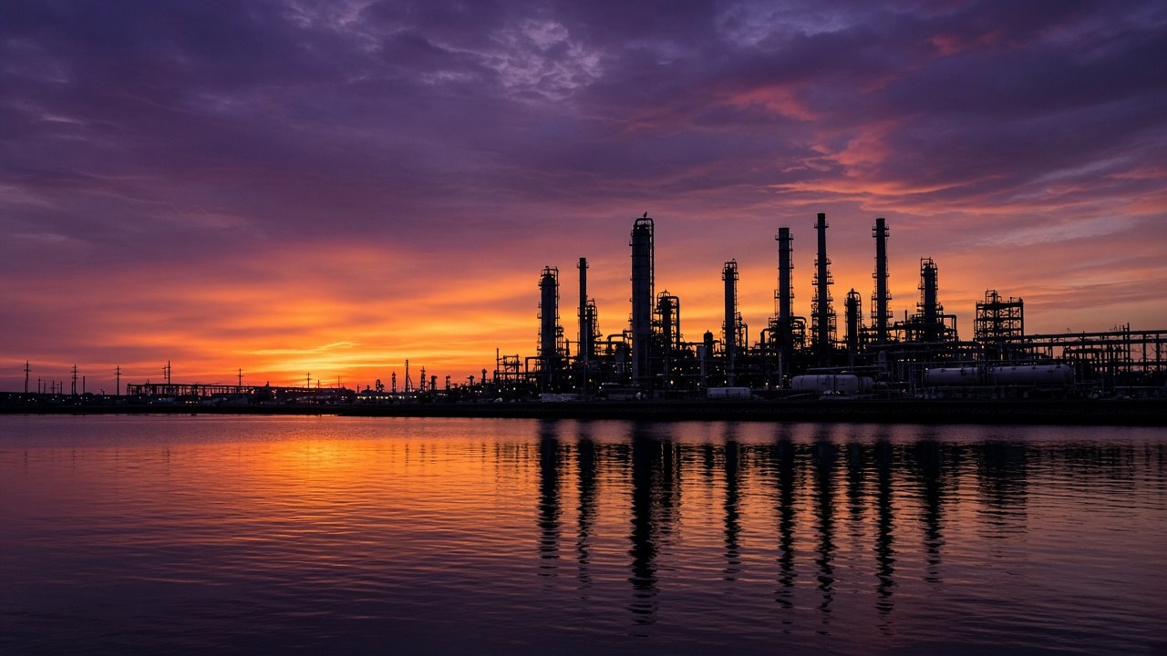 AI-generated illustration of an oil refinery silhouette against an orange dusk sky
