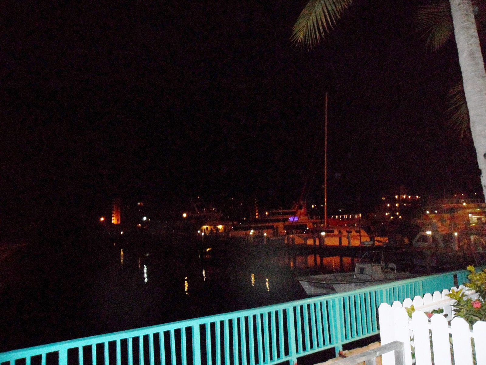 Harbour at night with lights reflecting on dark water, seen from behind a turquoise railing and a white picket fence