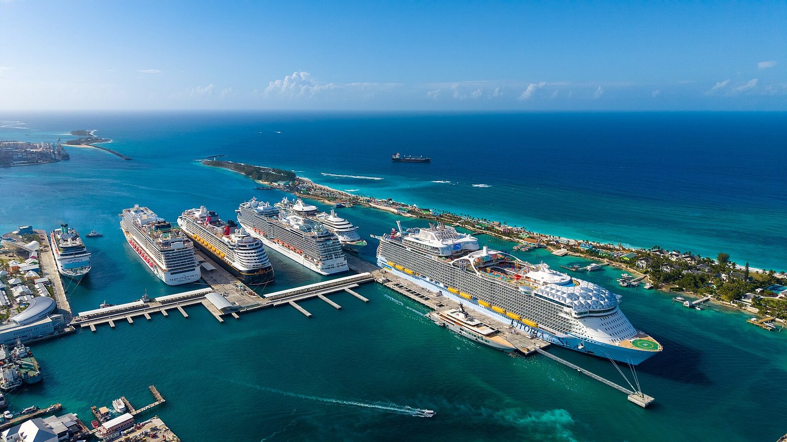 Aerial view of several cruise ships docked at Nassau Cruise Port