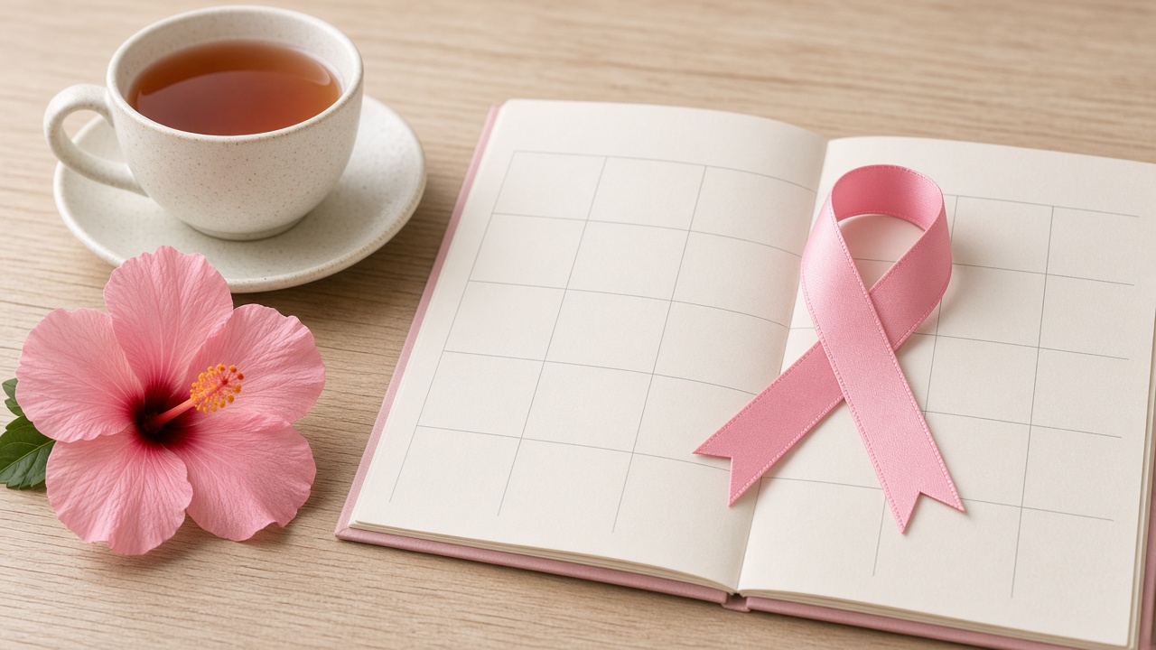 A pink awareness ribbon resting on an open wall calendar beside a cup of tea and a hibiscus flower on a light wooden table, soft natural light, no people