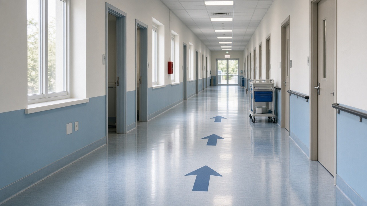 Bright empty hospital corridor with temporary directional arrows on a clean floor, soft daylight through windows, Nassau public-hospital feel, no people, no readable text or logos