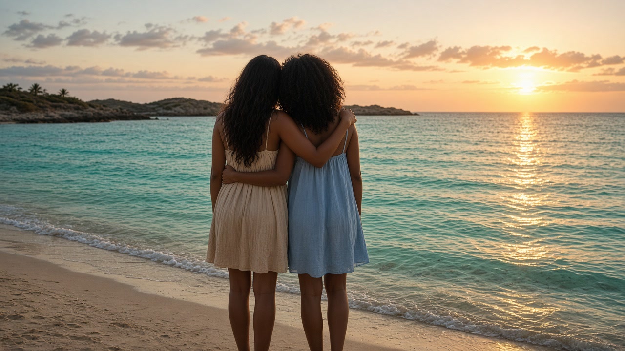 Two sisters embracing on a beach at sunrise