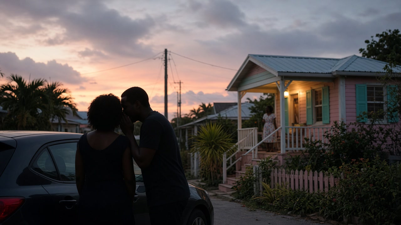 Two people whispering at dusk while a sister stands far off by her lit home