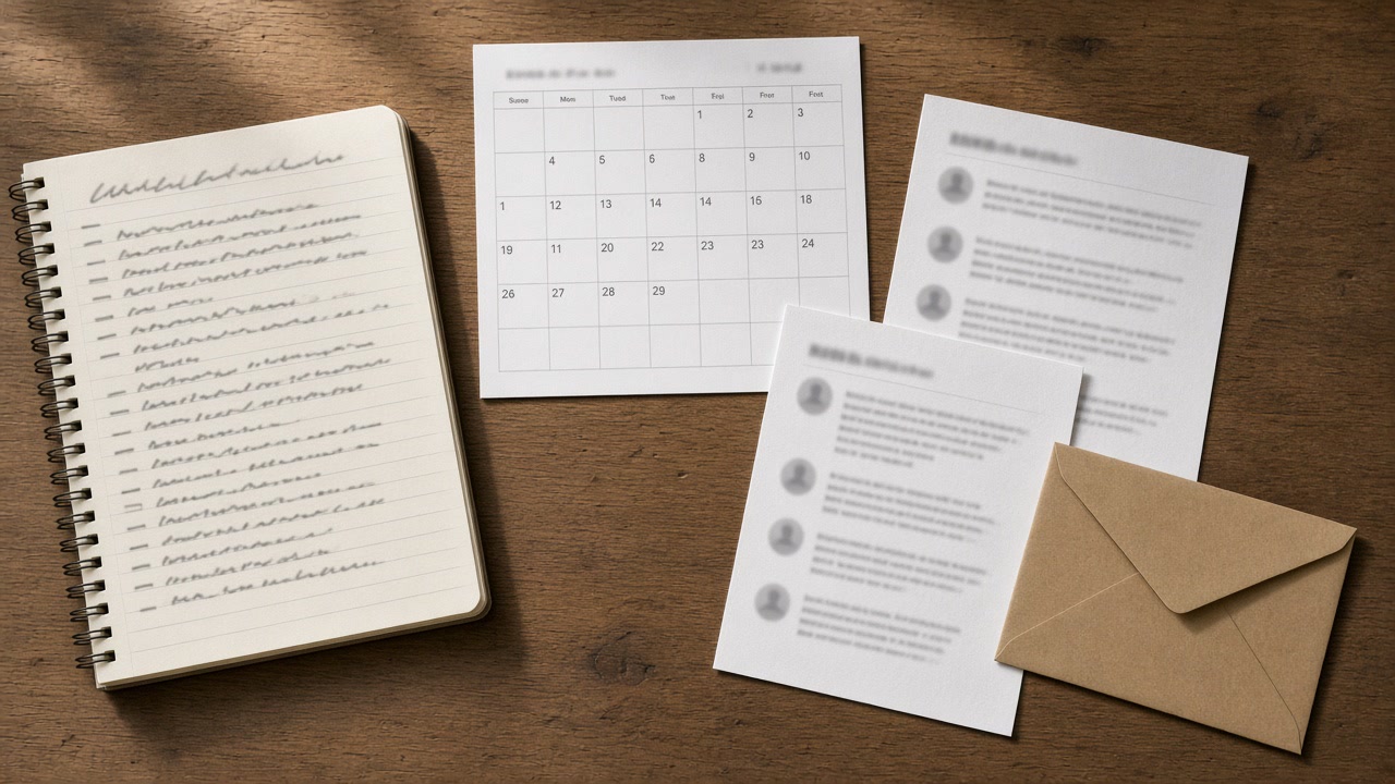 A notebook log, a calendar and printed copies on a table