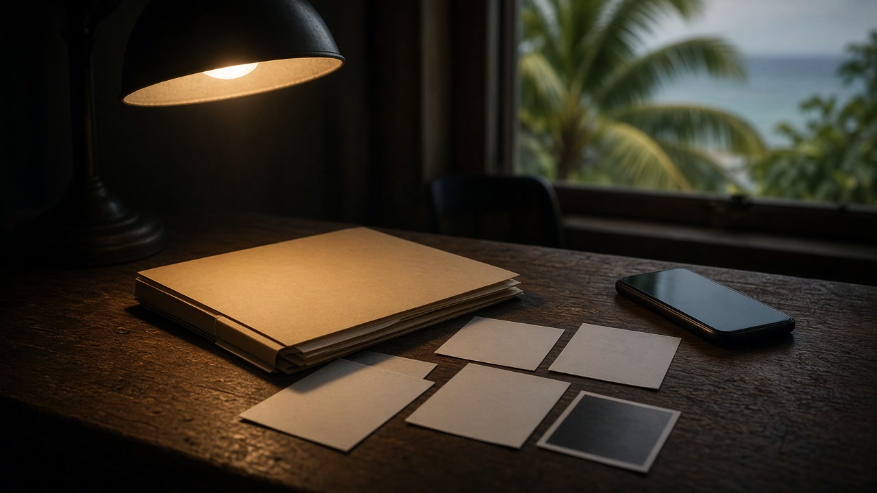 A closed folder and face-down photographs under a desk lamp