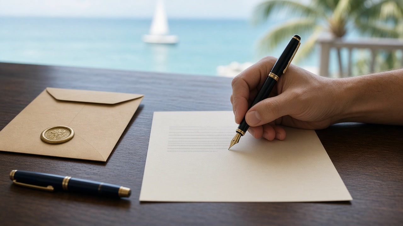 A written statement being signed beside a sealed envelope