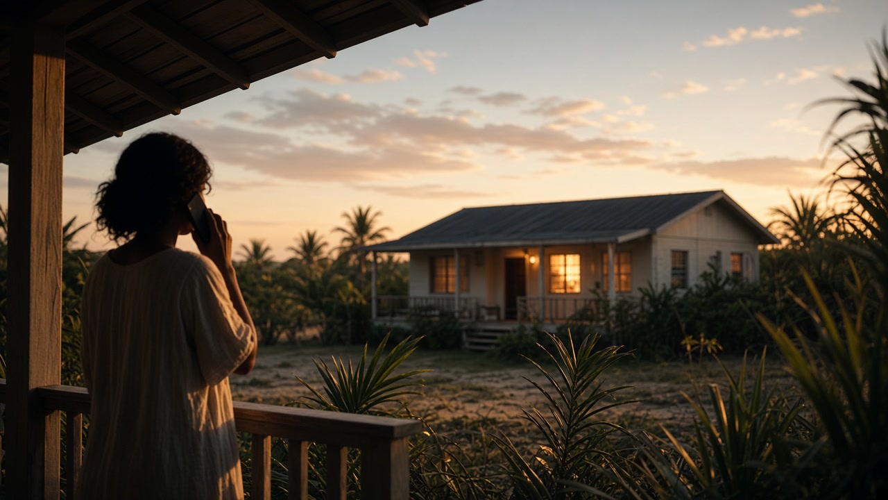 A phone call home at golden hour, a warm-lit house across the yard