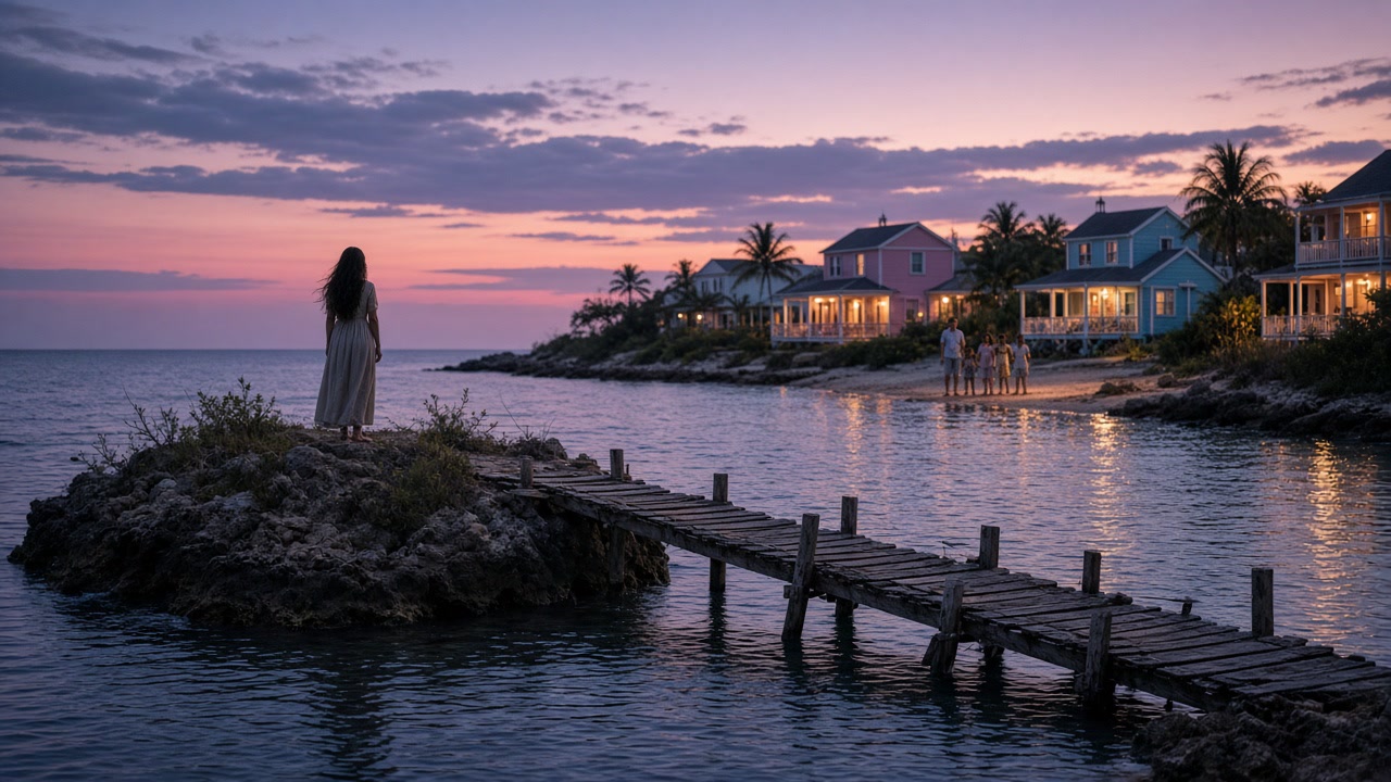 A lone figure on a small cay, a broken footbridge between her and her family on the shore