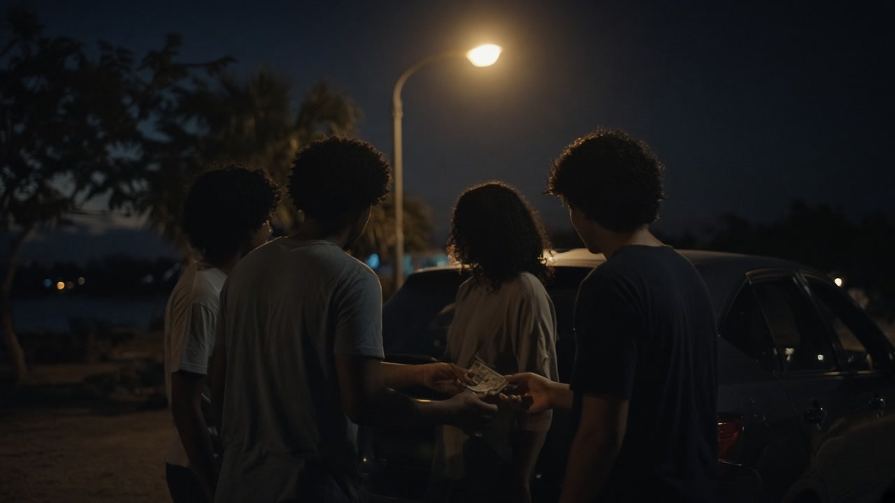A small group gathered around a car under a street lamp at night