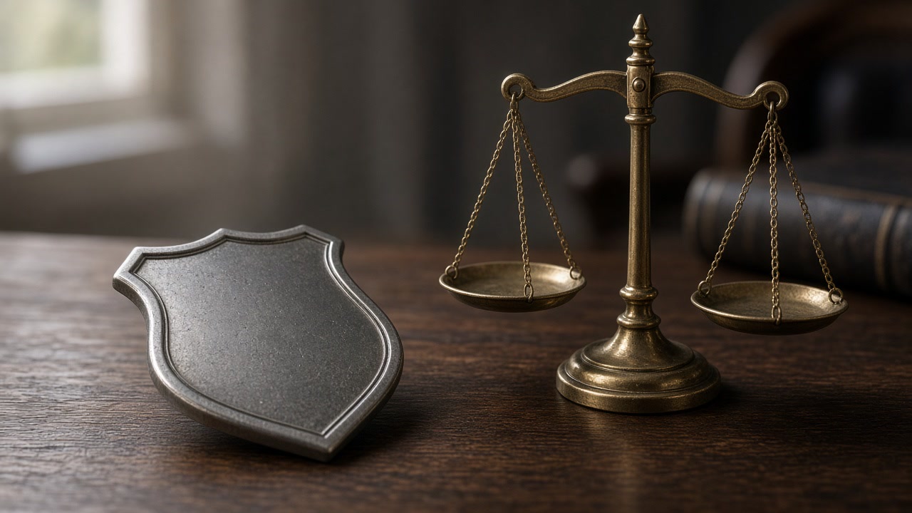 A plain star badge beside the scales of justice