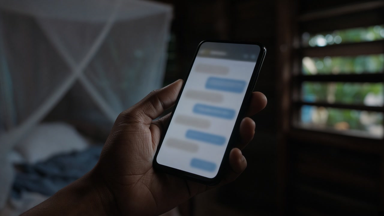 A phone glowing in a dark room with unreadable message bubbles