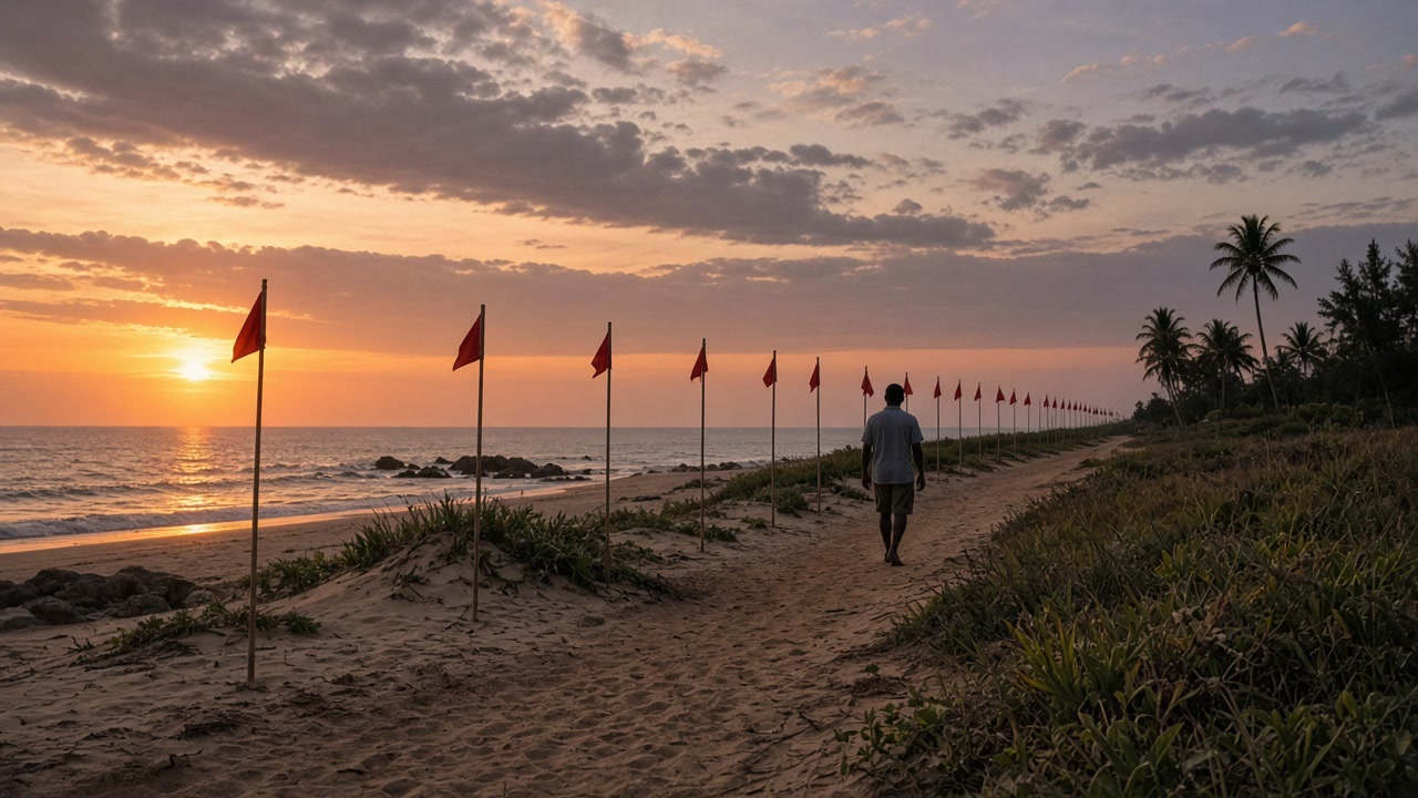 Red warning flags along a path at sunset with a lone walker