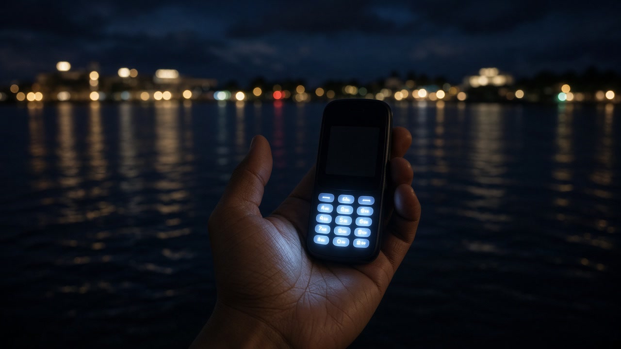 A glowing phone keypad over a harbour at night