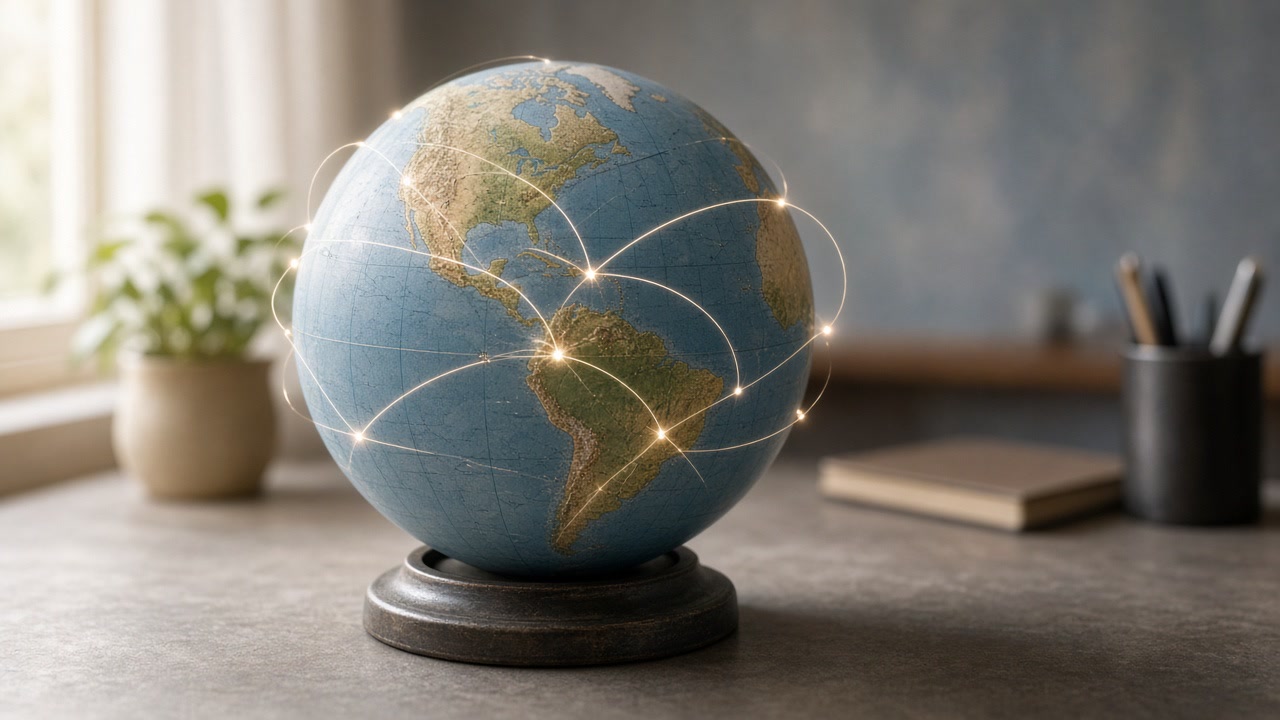 A globe with glowing links between cities