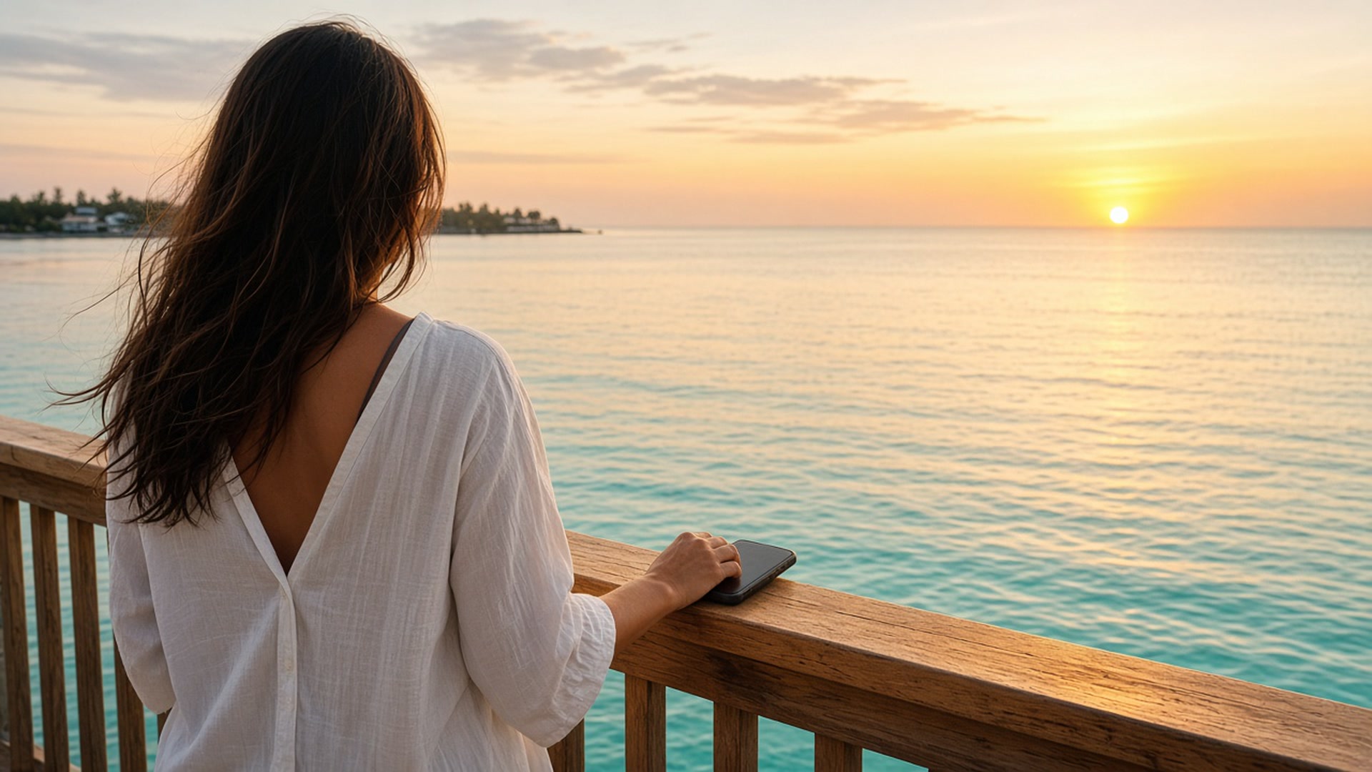 A woman setting her phone down overlooking turquoise water at sunrise