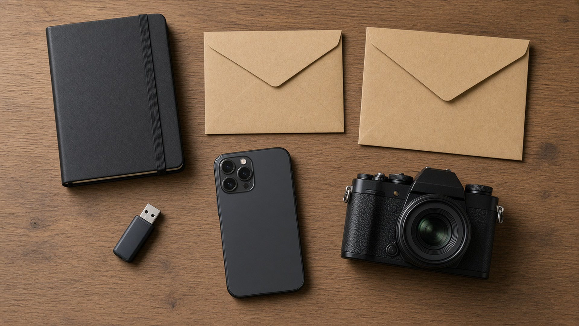 A notebook, sealed envelopes, a flash drive, a phone and a camera on a table