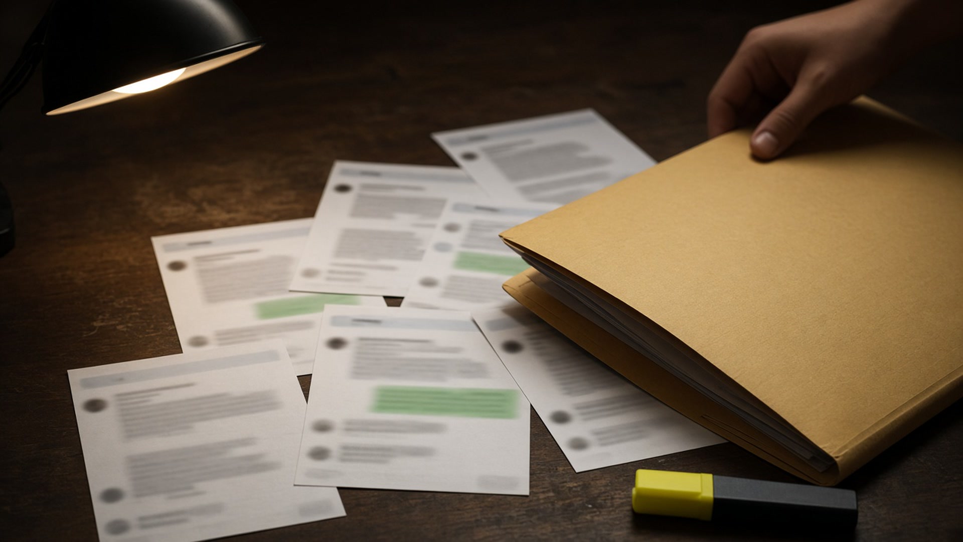 A blurred chat printout and a closed folder under a lamp