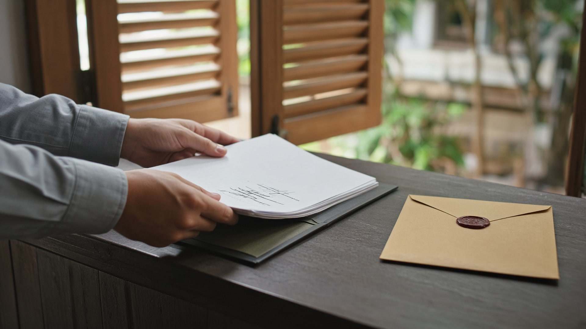 Hands placing a signed statement into a folder