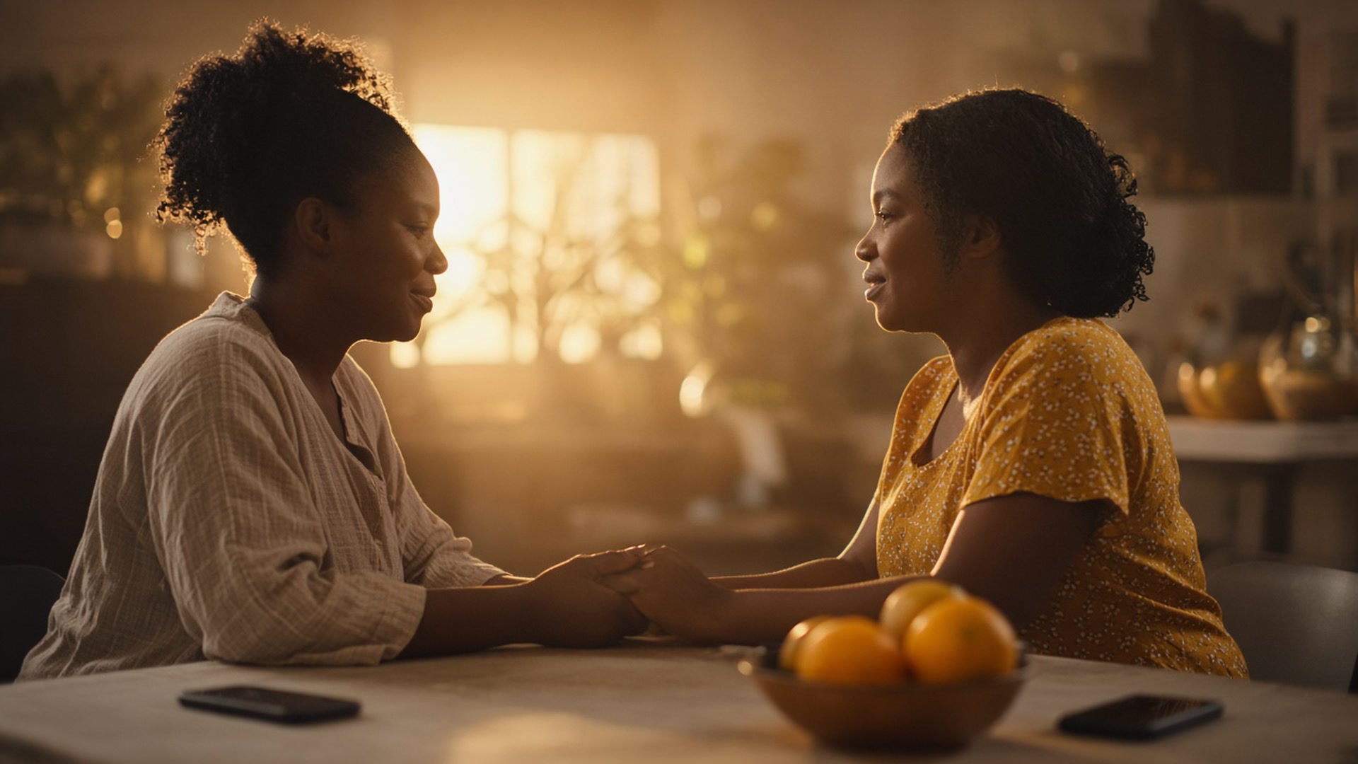 Two women talking at a kitchen table with phones set aside