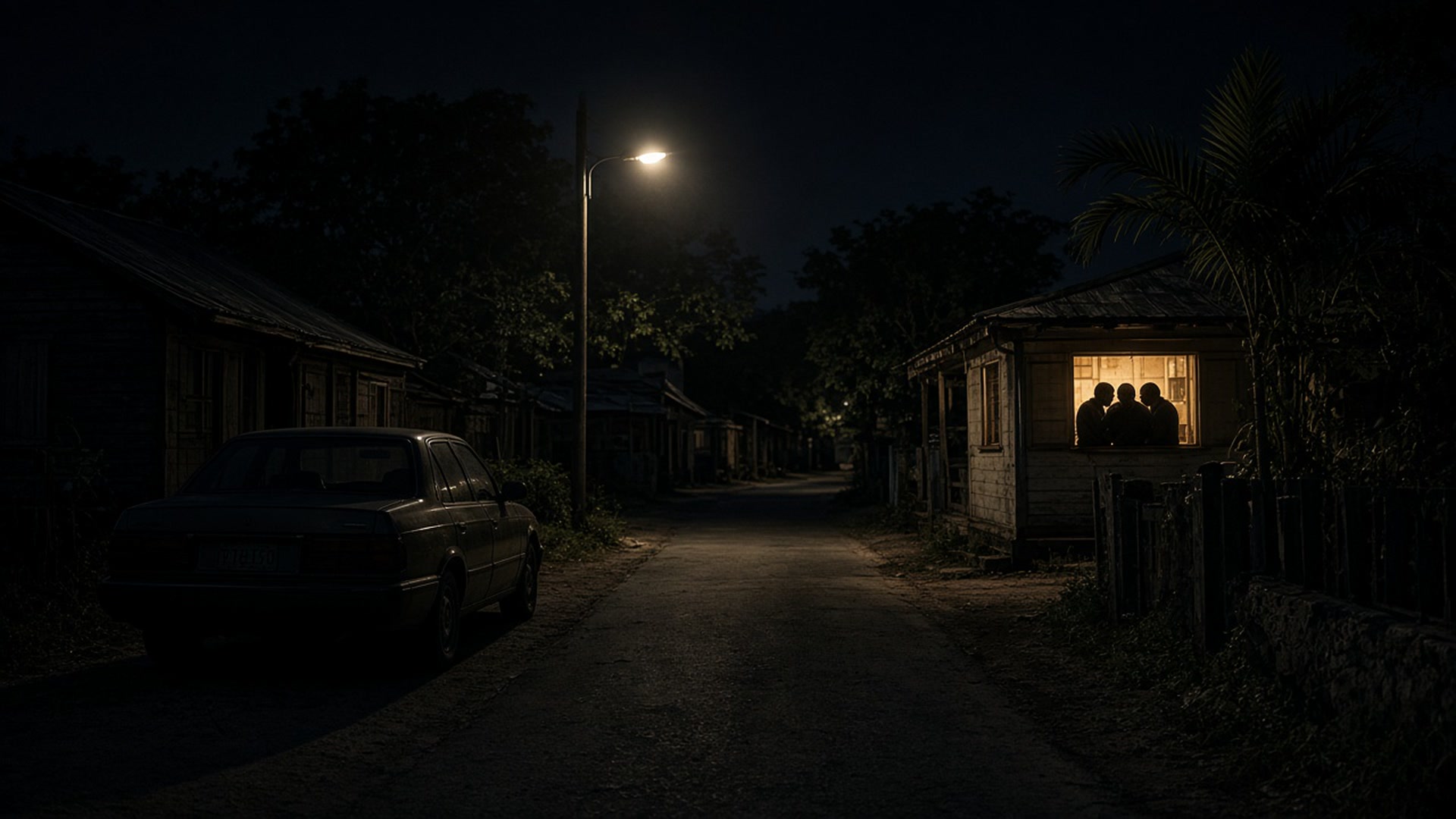 A dark car parked on a quiet settlement road at night