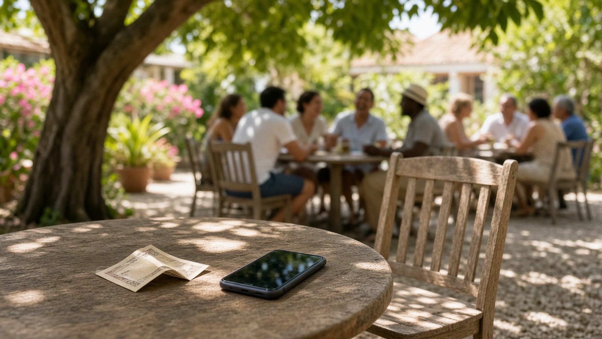 A folded bill and a phone on a cafe table under a shade tree