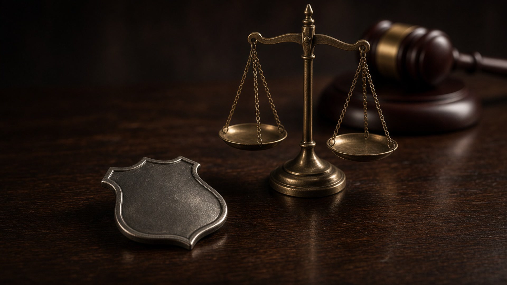 A plain badge beside the scales of justice