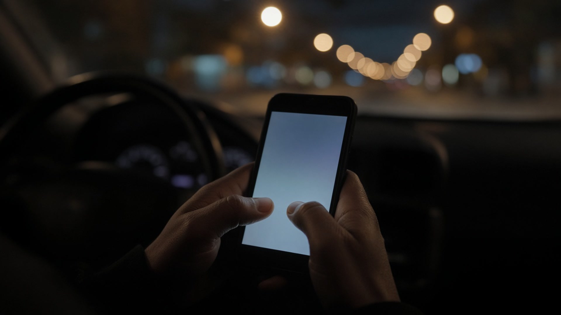 Thumbs typing on a phone in a dim car at night