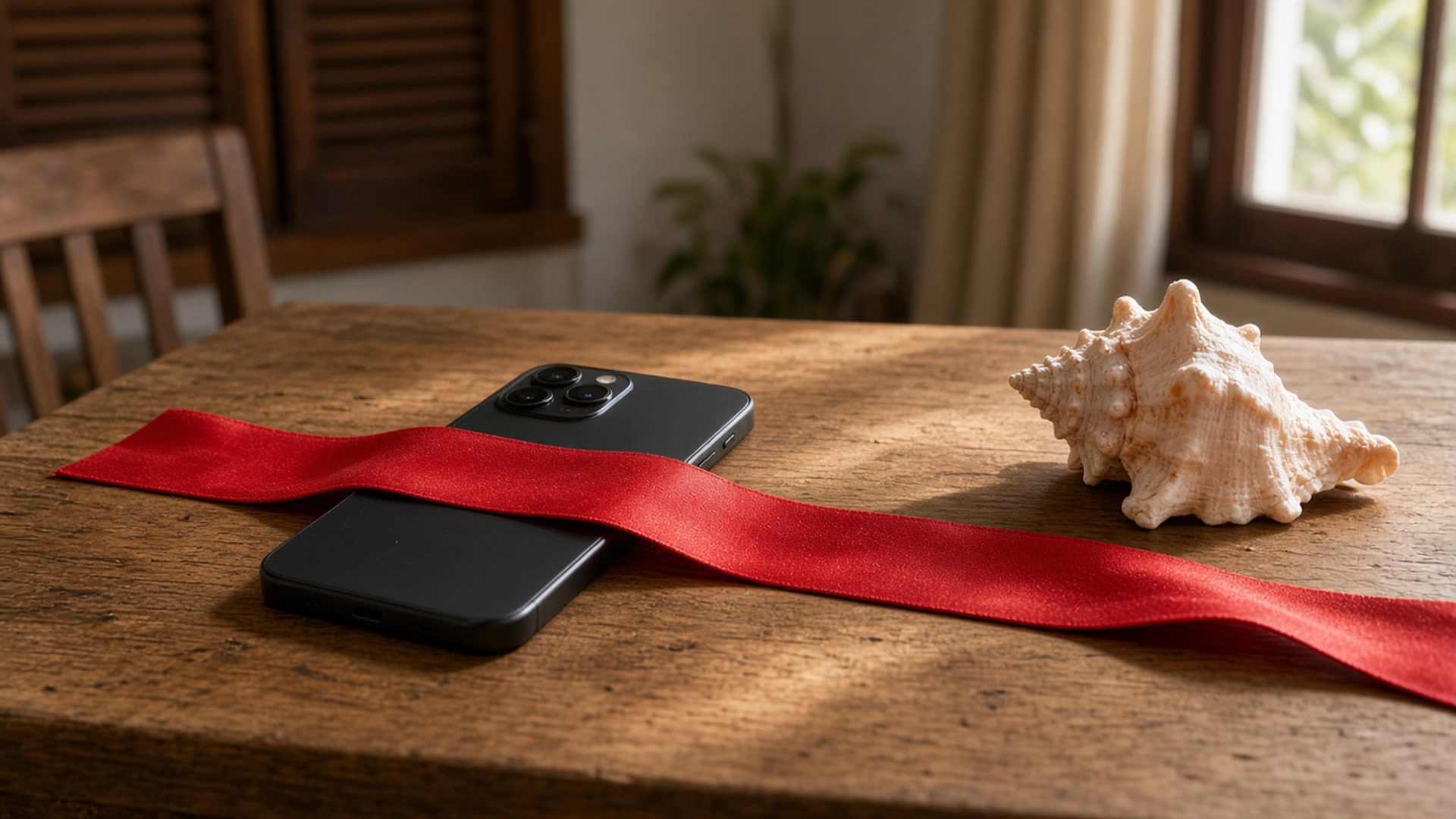 A face-down phone under a red warning ribbon beside a conch shell