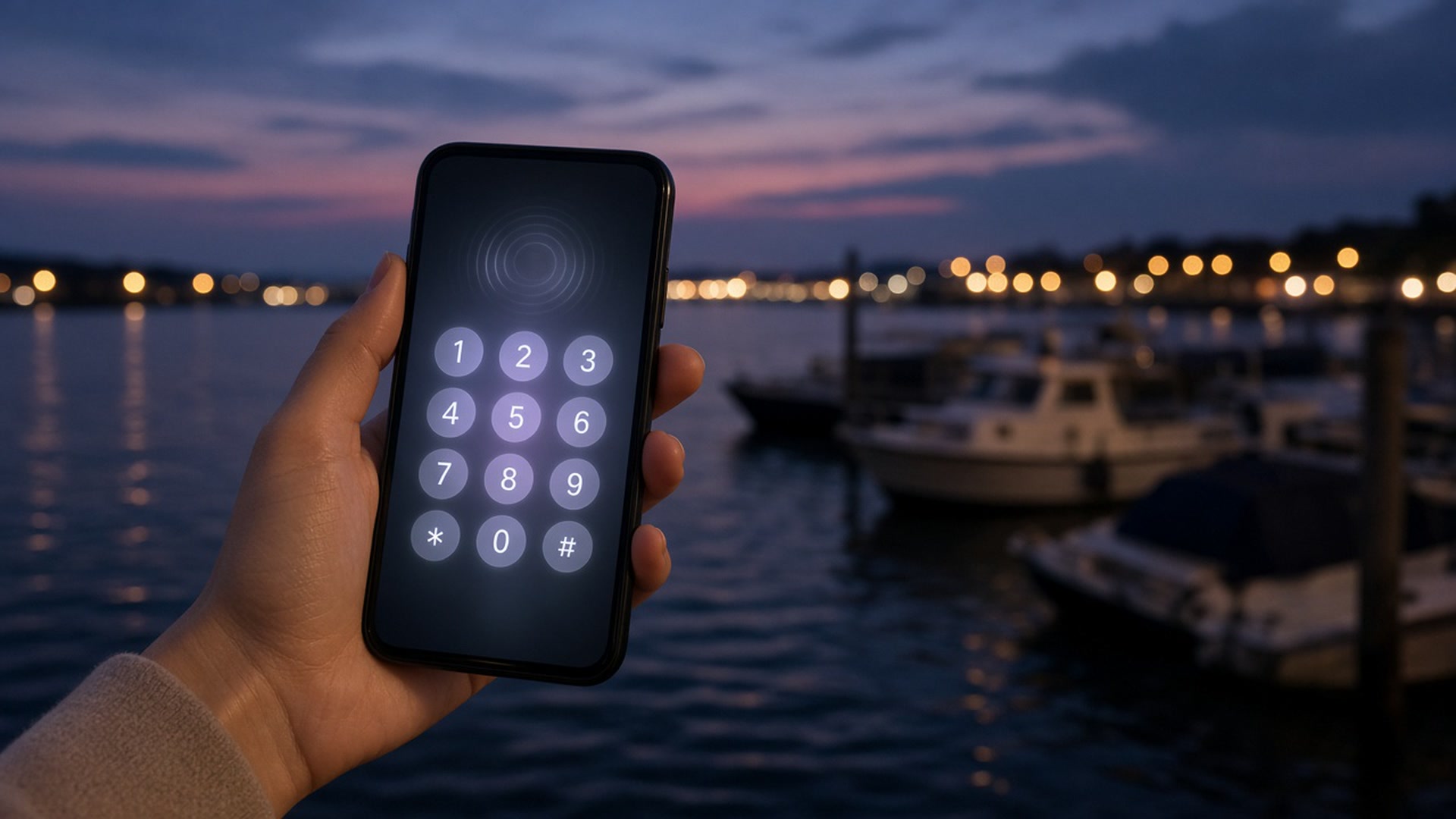 A glowing phone keypad over a harbour at dusk