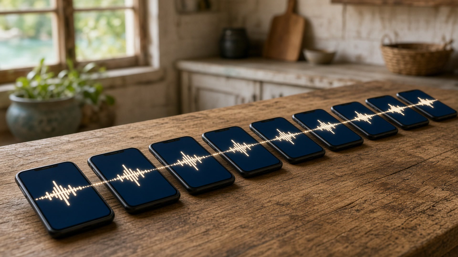 A chain of smartphones on a kitchen table suggesting forwarded voice notes
