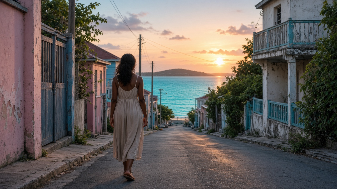 A woman walking away with empty hands toward turquoise water at sunrise