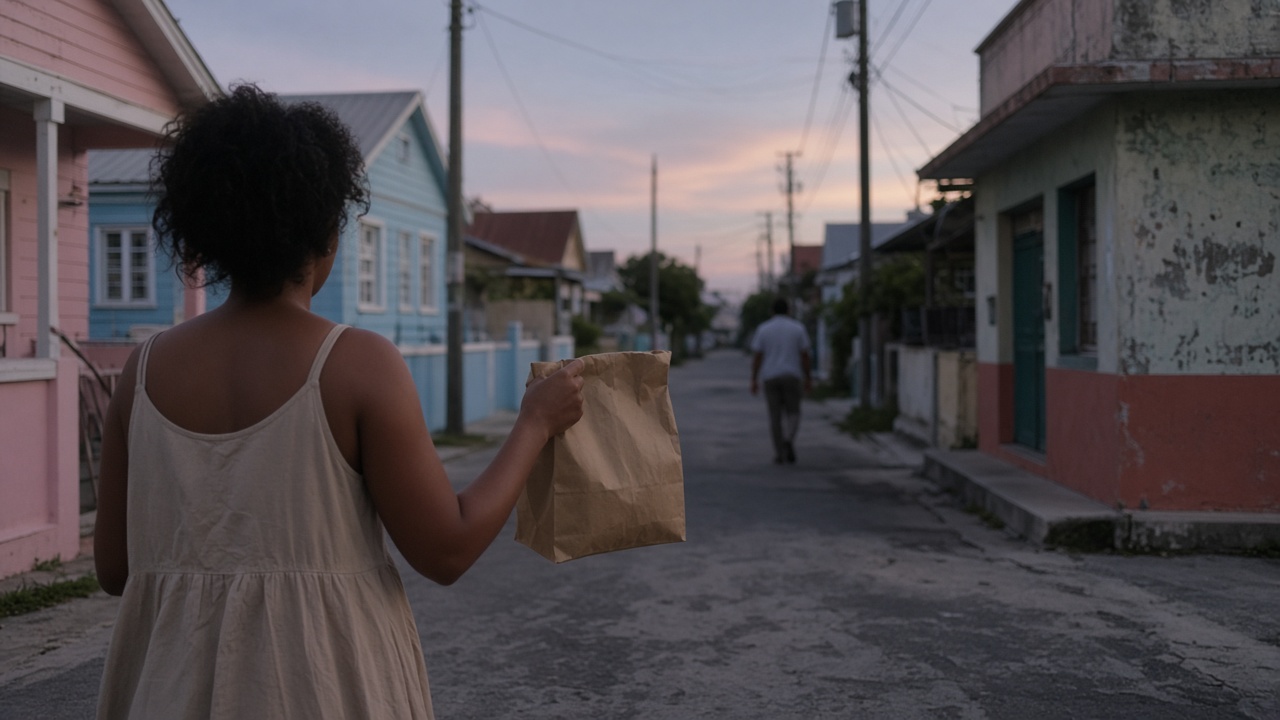 A woman on a Nassau side street holding an unmarked bag at arm's length
