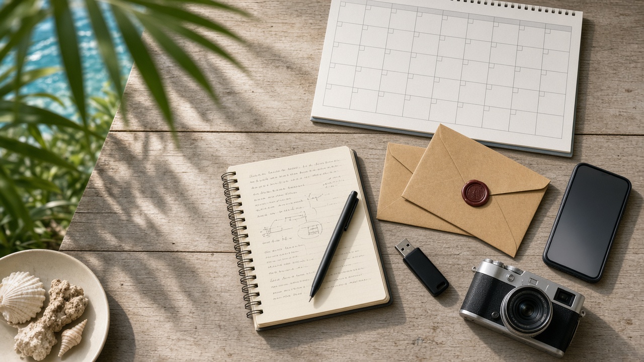 A notebook, sealed envelopes, a flash drive, a phone and a camera on a table