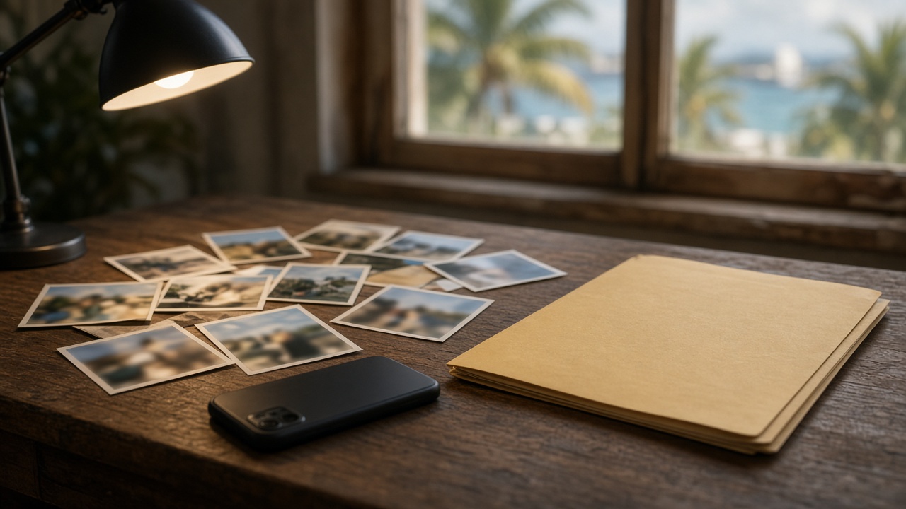 Blurred photographs, a face-down phone and a closed folder under a lamp