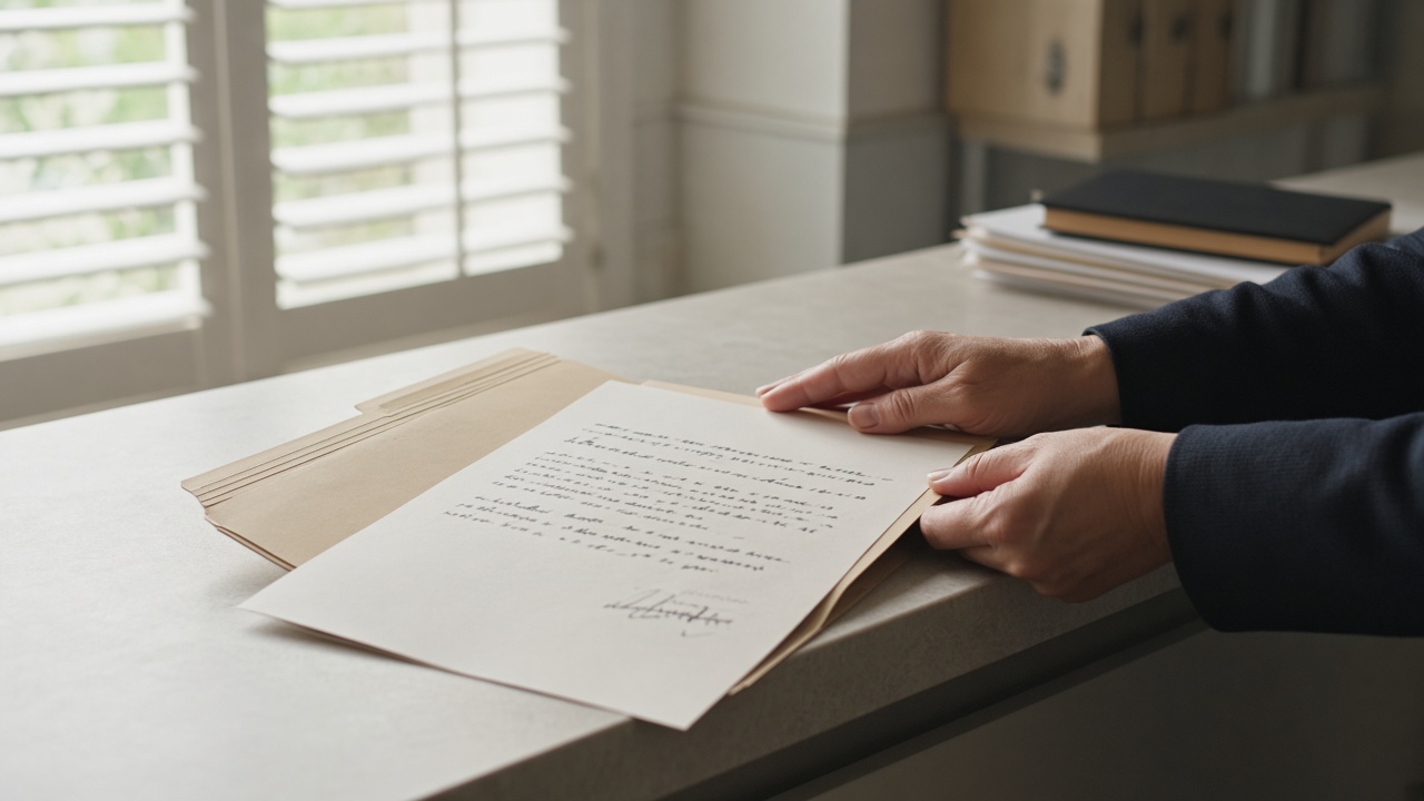 Hands placing a signed statement into a folder