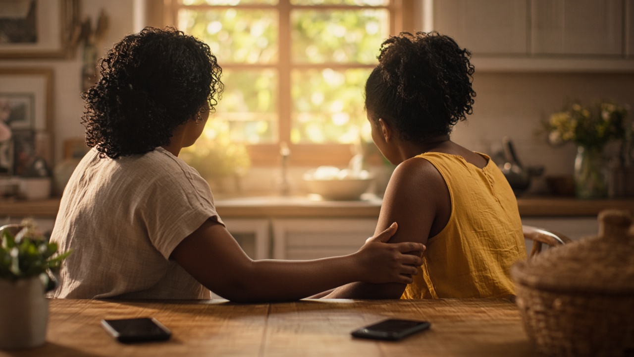 Two women at a kitchen table, one reassuring the other