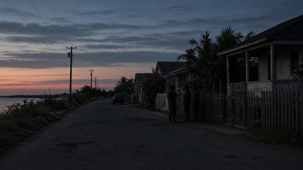 A settlement road at dusk with a distant parked car and figures by a fence