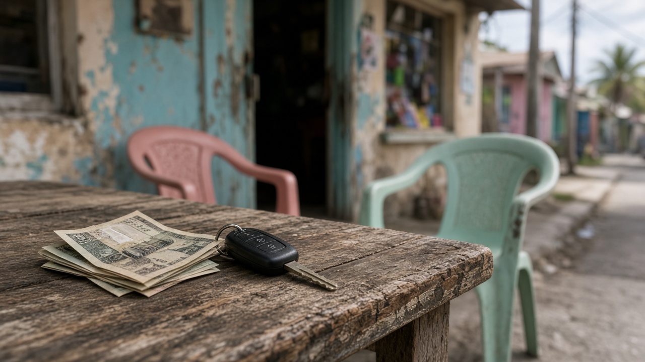 Folded banknotes and a car key on a table outside a corner shop