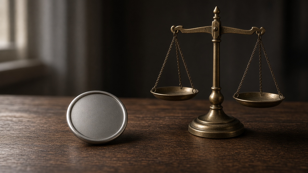 A plain badge beside the scales of justice