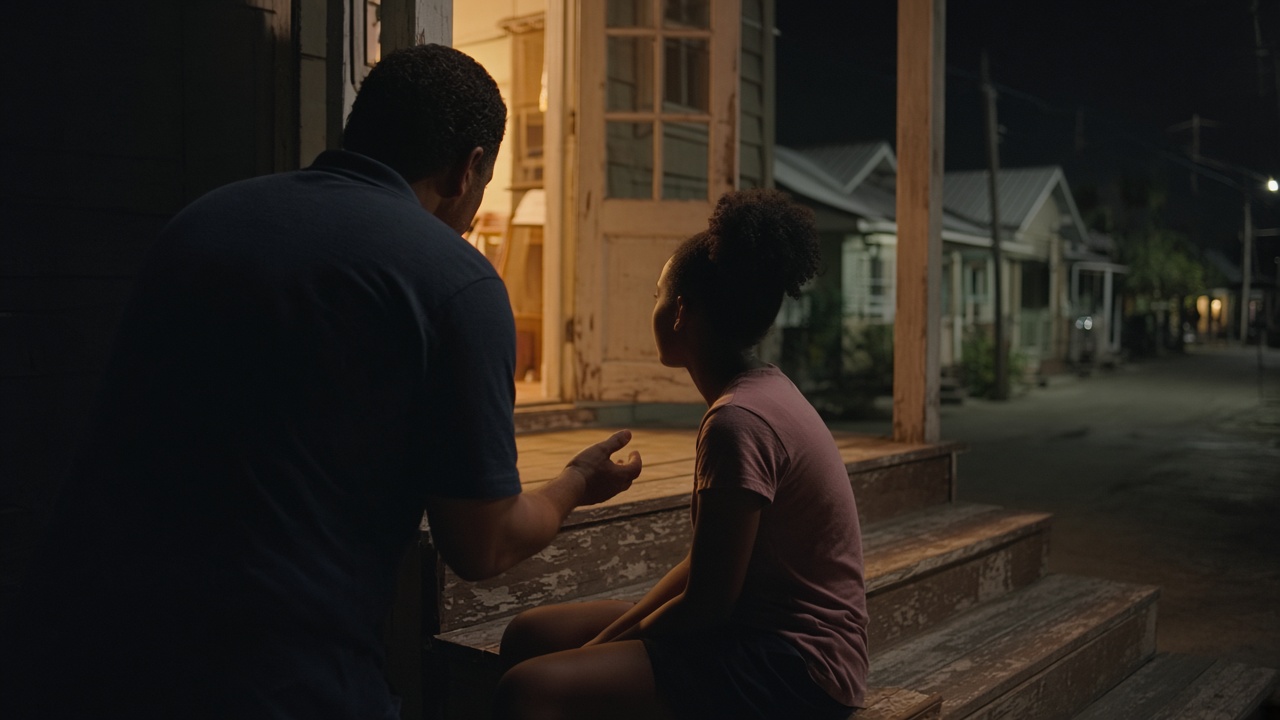 A man in shadow leaning toward a young woman on a porch step