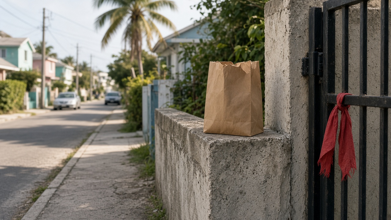 An unmarked bag left alone on a low wall beside a gate tied with red cloth