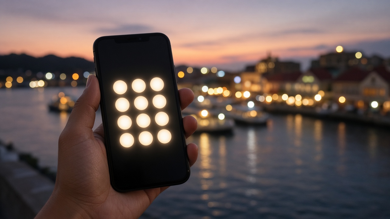 A glowing phone keypad over a harbour at dusk