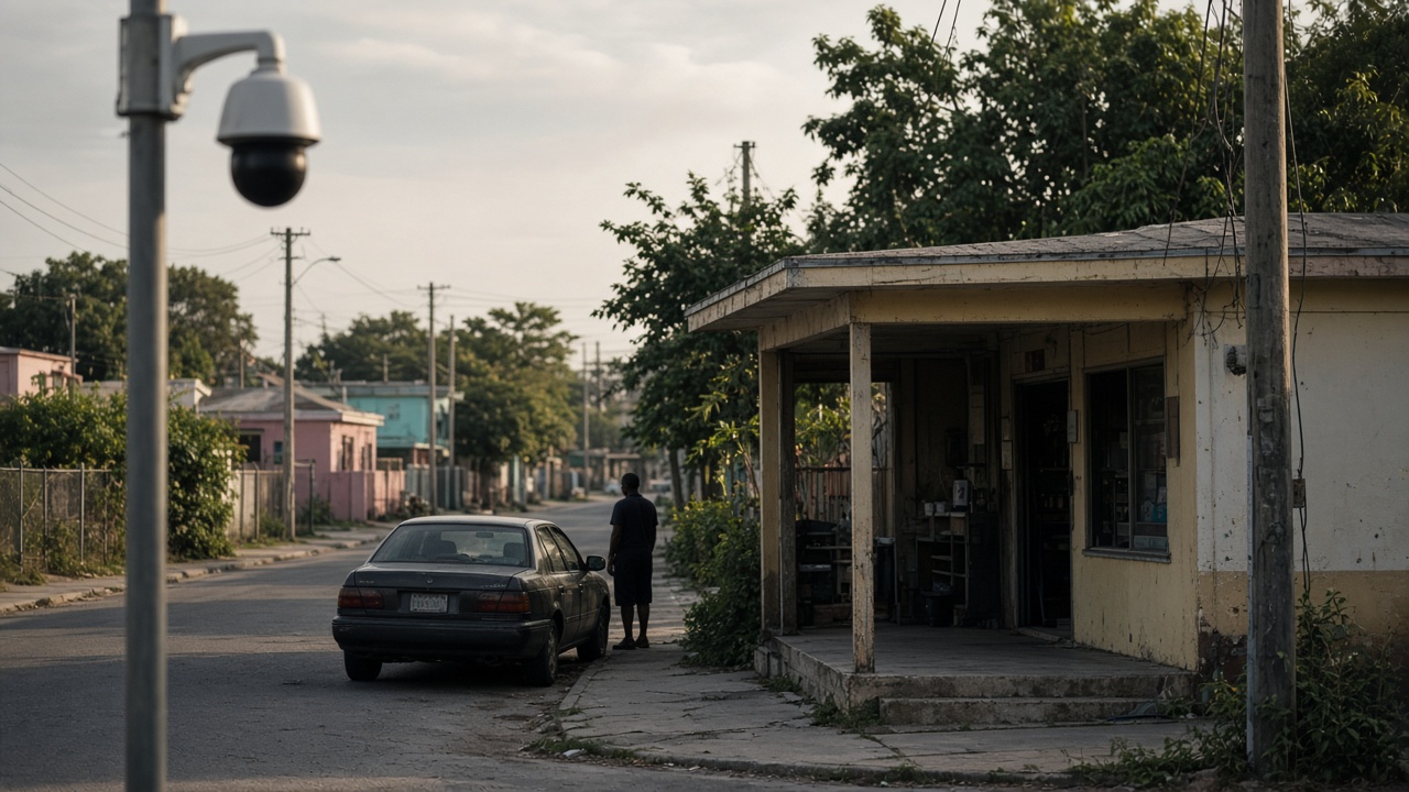 A quiet street corner by a shop with a parked car and a lone figure