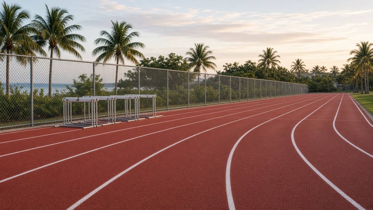 An empty outdoor school track in Rock Sound, Eleuthera at soft morning light: red lane markings, low palms beyond the fence, hurdles stacked neatly beside the track, no people and no logos