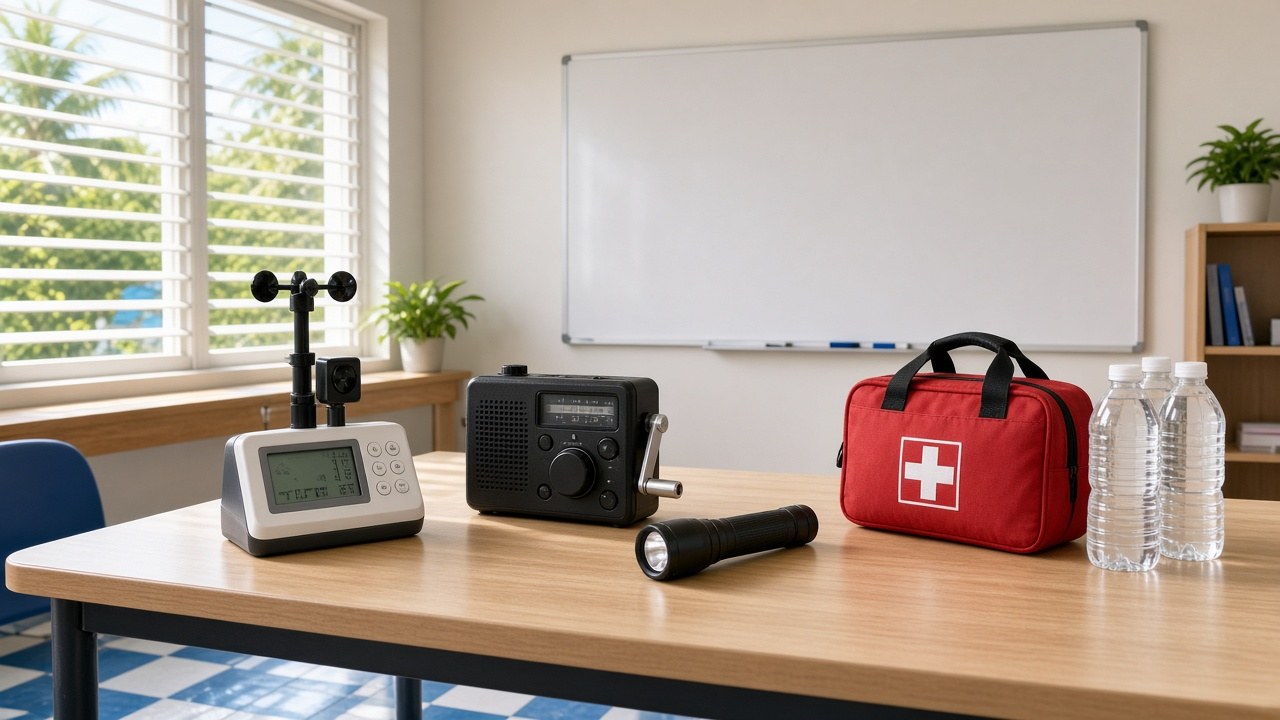 A Bahamian classroom table with a home weather station, hand-crank radio, flashlight, first-aid kit and bottled water, no people