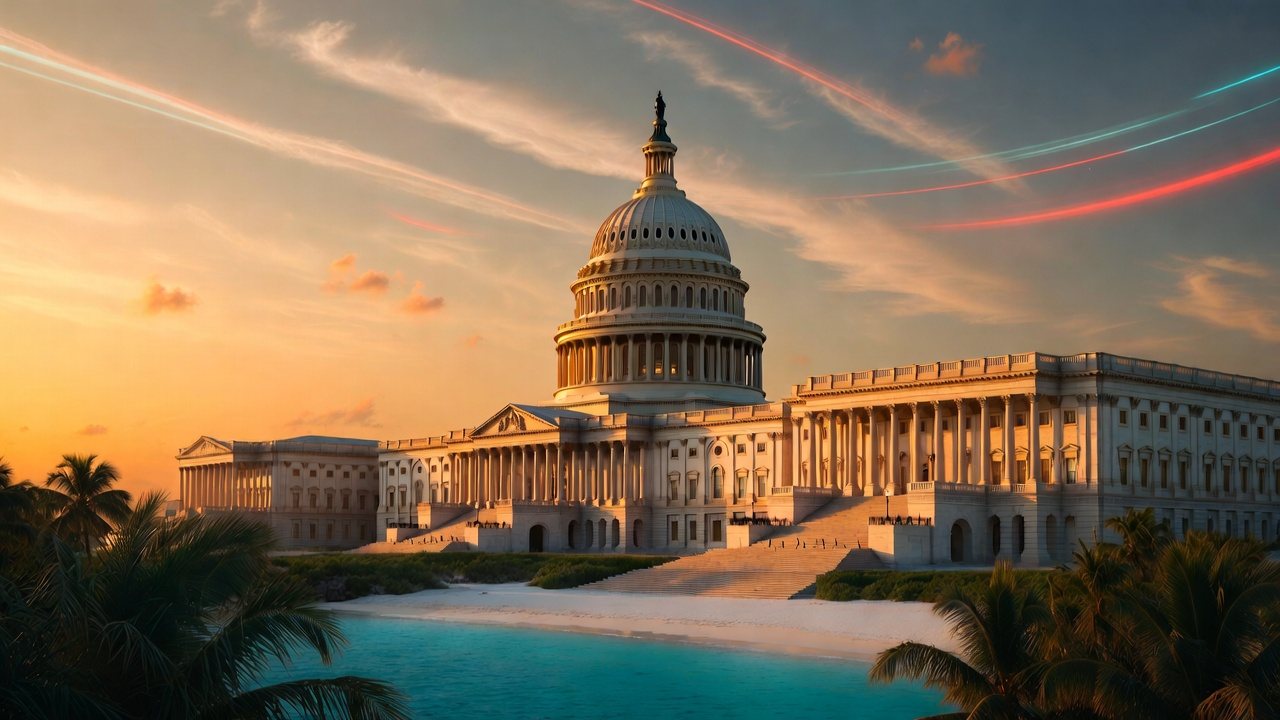 AI-generated illustration: the US Capitol dome rising above a turquoise Bahamian shoreline