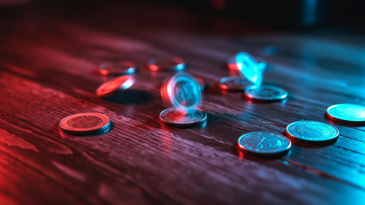AI-generated illustration: seven coins spinning on a polished table